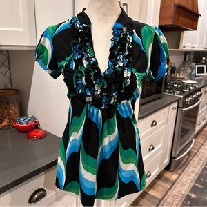 Vintage Y2K Heart Soul Black Green Ruffle Babydoll Top M Tie Back Abstract Retro